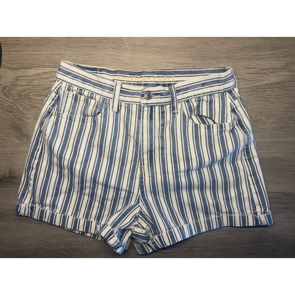 American Eagle Women Blue White Striped High Waisted Beachy Denim Shorts Size 4